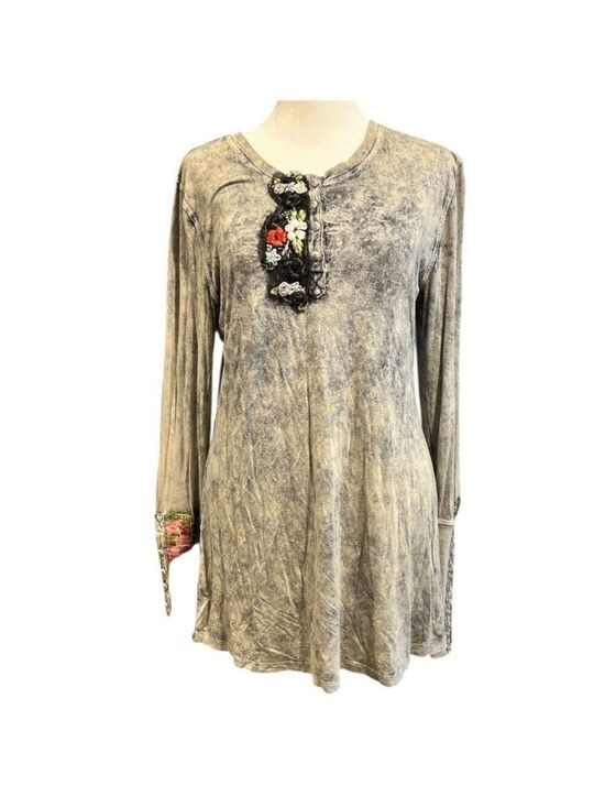 Aratta Tops - ARATTA SILENT JOURNEY Mineral Acid Wash Embroidered LS Tunic Shirt Boho Sz S EC